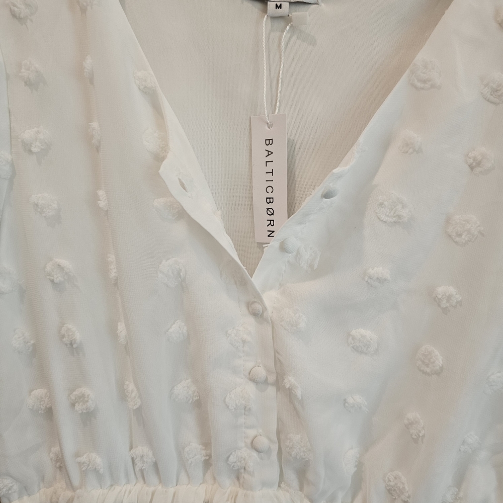 Baltic Born Mila White Swiss Dot Puff Short Sleeve Lined Dress M - Picture 9 of 12